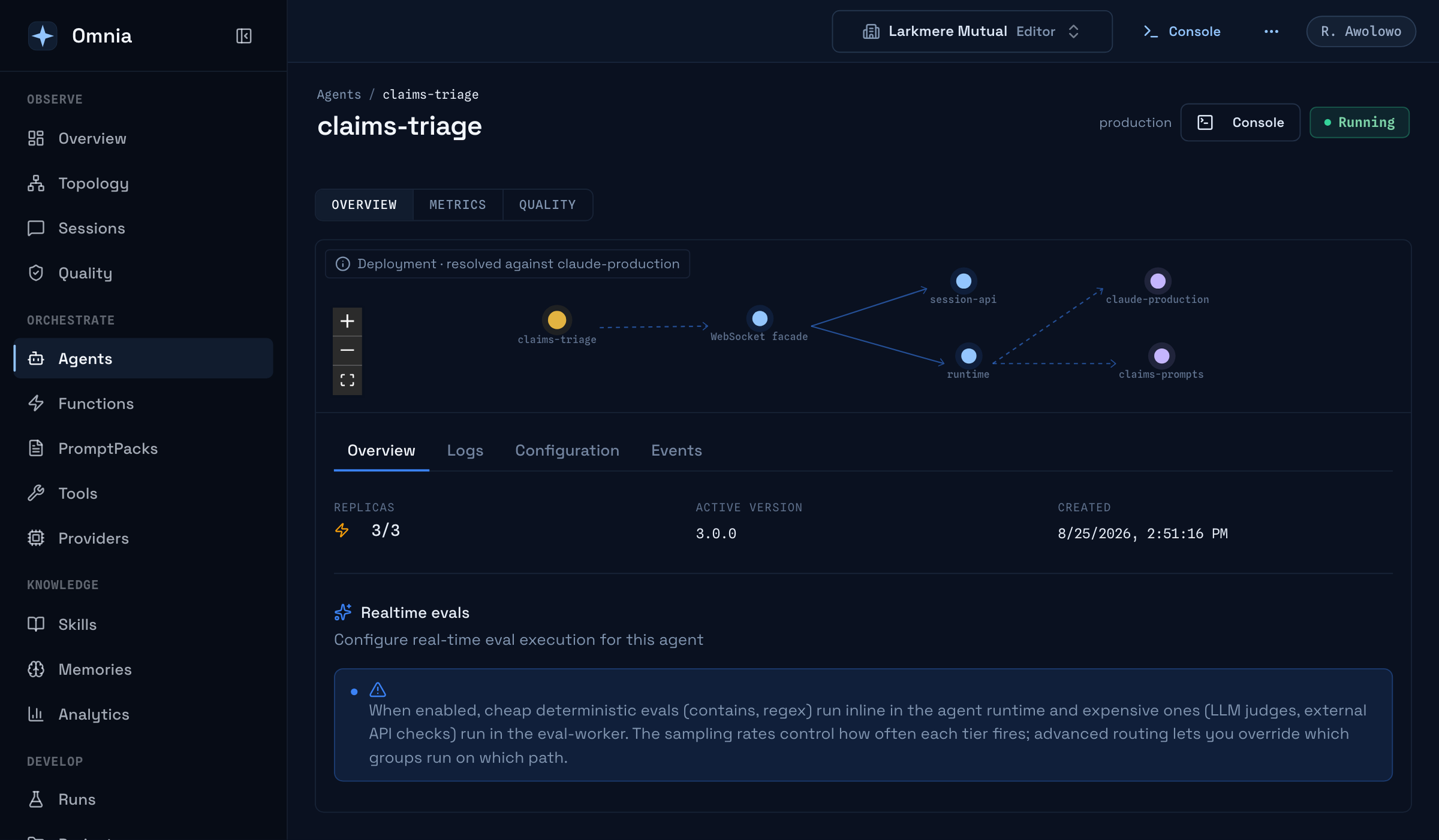 An agent's detail view in Omnia: the version running, and the pack and model that version resolves to