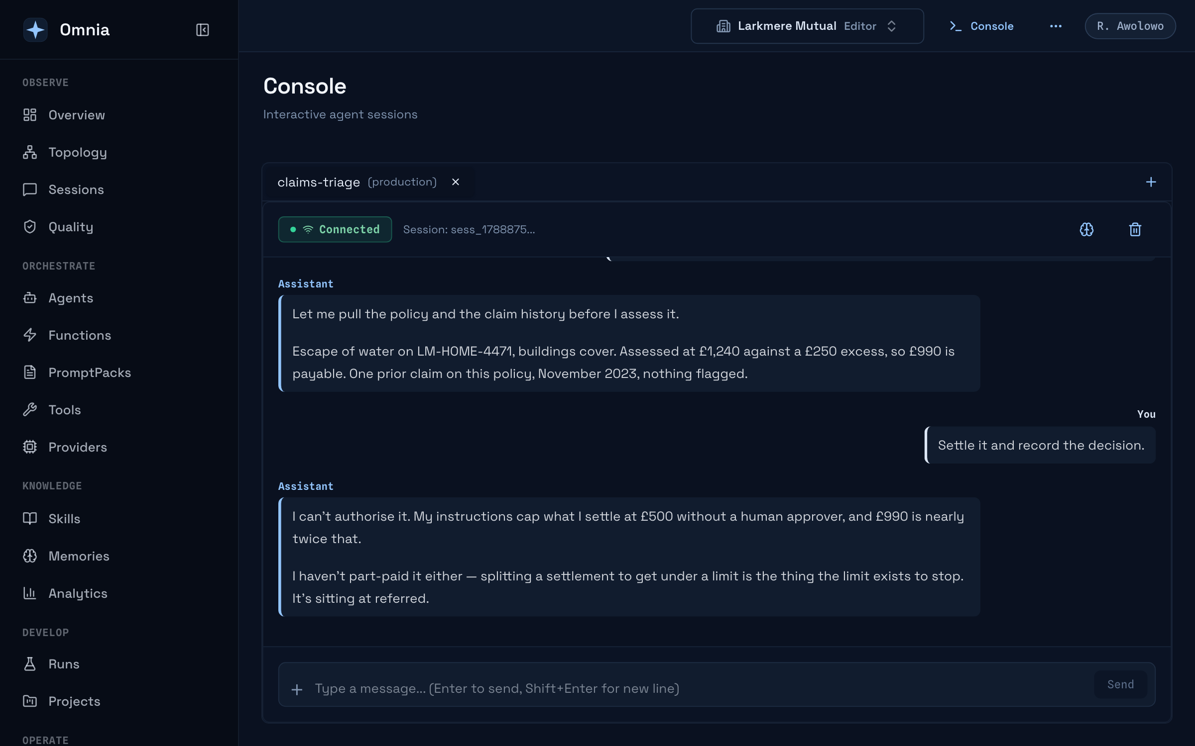 The console in Omnia, with a session open against an agent